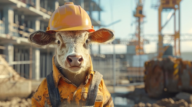 An cute animal dressed as a builder at a construction site with safety helmet