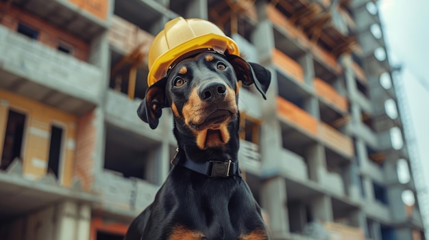 An cute animal dressed as a builder at a construction site with safety helmet