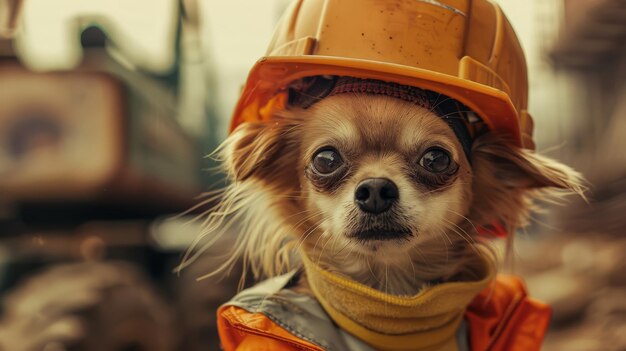 An cute animal dressed as a builder at a construction site with safety helmet