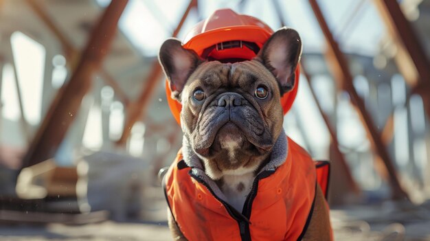 An cute animal dressed as a builder at a construction site with safety helmet