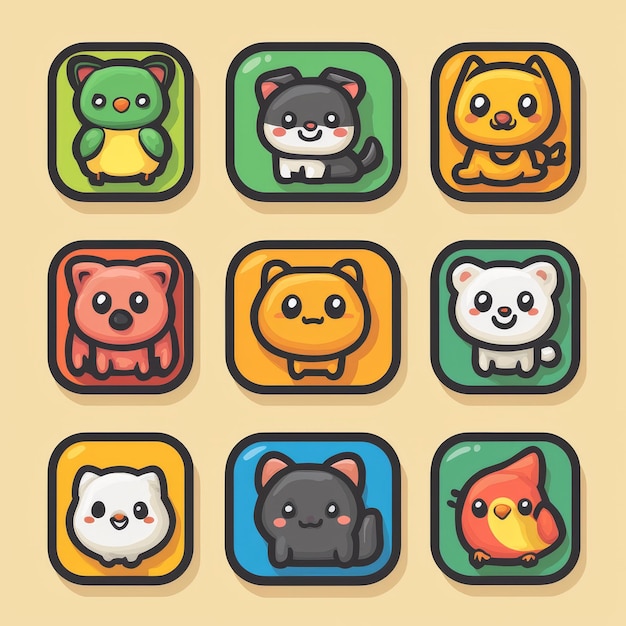 Cute Animal Icons App Design Cartoon Characters