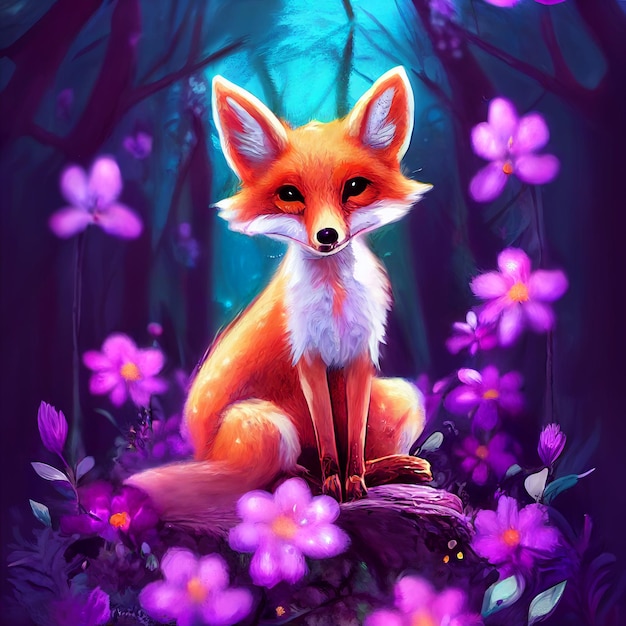 Cute animal little pretty fox sitting on a purple flowers illustration