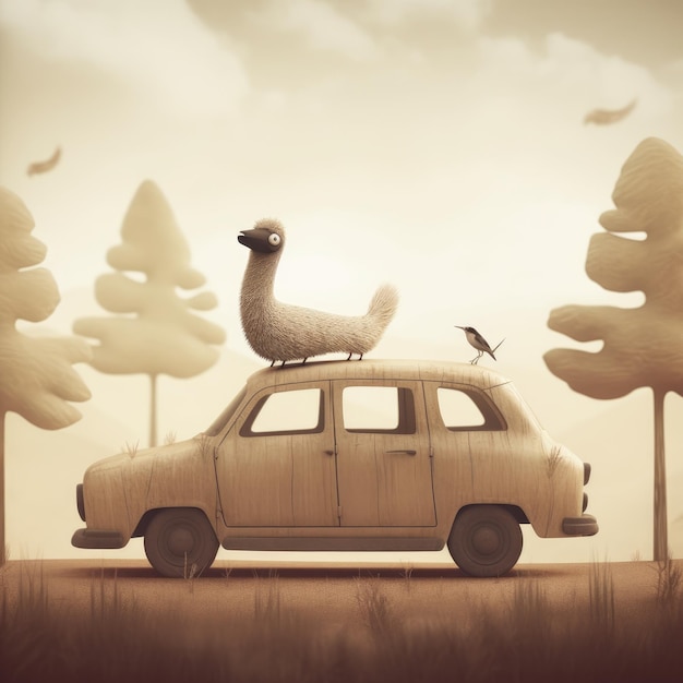 Cute Animal Riding A Car In Jon Klassen Style