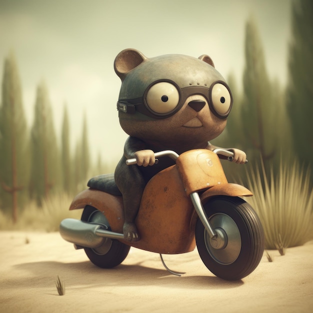 Cute Animal Riding A Motorcycle In Jon Klassen Style With 3d Oct