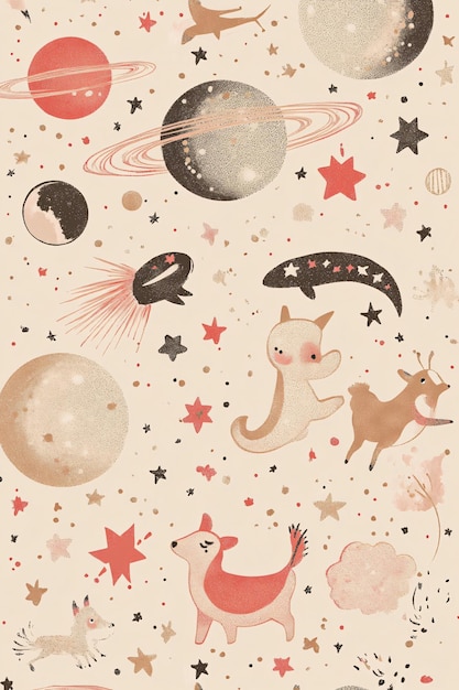 Photo cute animal space seamless pattern design pink gold black stars planets fantasy