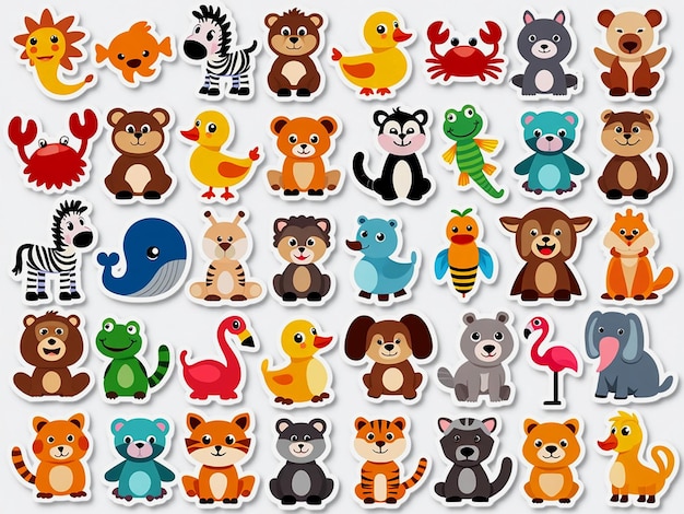 Photo cute animal stickers set colorful cartoon illustrations of animals for kids