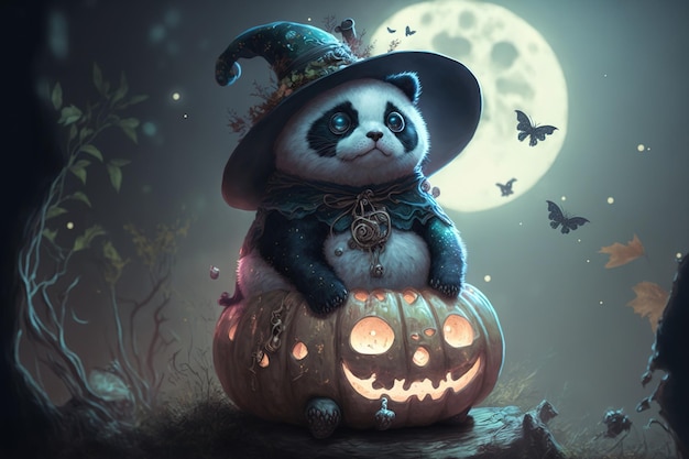 Cute animal watercolor panda figure depicted as a witch on the moon for Halloween