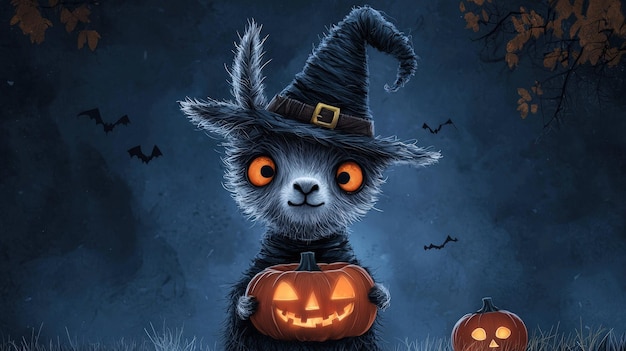 Cute animal in a witch hat holding a pumpkin on a dark Halloween night