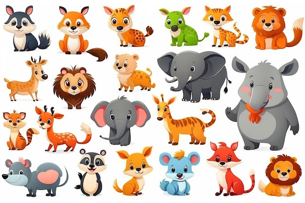 Photo cute animals cartoon set on white background