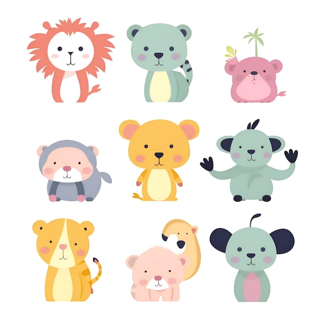 Cute animals set Vector illustration in flat style Isolated on white background