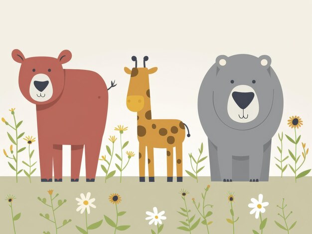 Cute animals in a simple illustration with a floral background