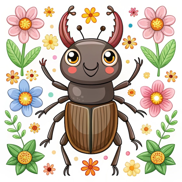 Photo cute animated hand drawn stag beetle cartoon insect collection isolated on white background for childrens animal book