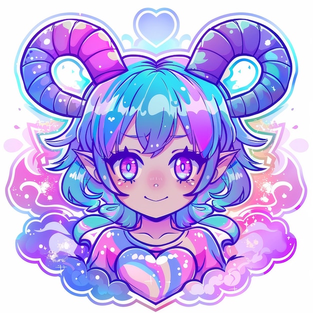 A cute anime character with blue hair and horns wearing a pink shirt with a colorful heart and stars in the background