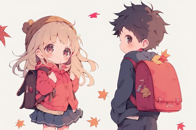 cute anime chibi girl and boy in autumn school uniform with backpack on white background