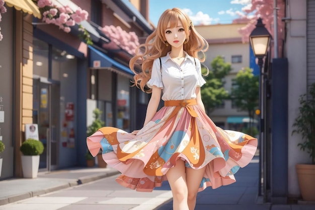 Cute Anime Girl in Long Skirts