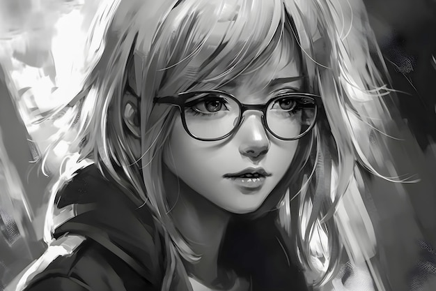 Cute anime girl portrait black and white colors sketch style