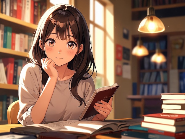 Photo a cute anime girl reading a book and studying