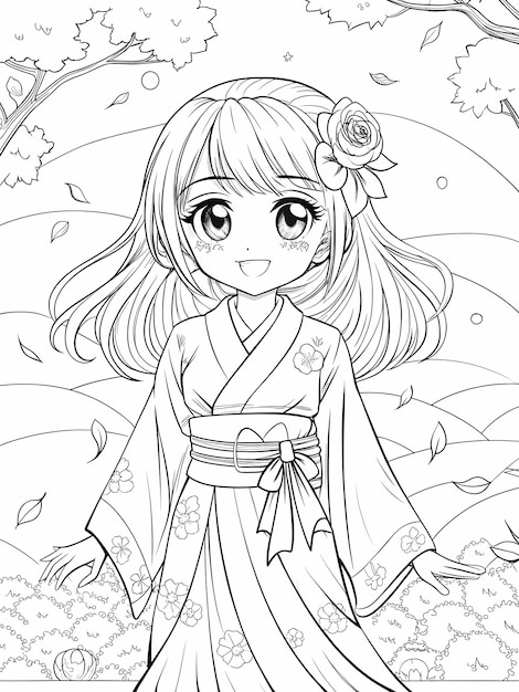 Photo cute anime girl in traditional kimono with flowers coloring page for kids