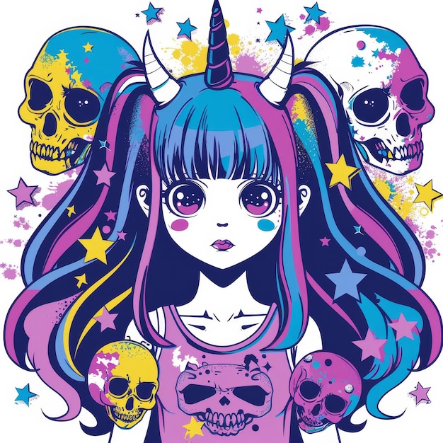 Cute anime girl with colorful hair horns and unicorn horn surrounded by skulls and stars