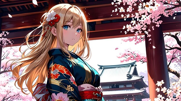 Photo a cute anime girl with long flowing blonde hair and blue eyes dressed in a traditional kimono wit