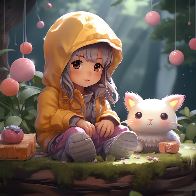 Cute anime girl with white rabbit generative AI