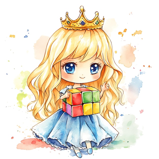 Photo cute anime princess girl holding a rubiks cube with watercolor background