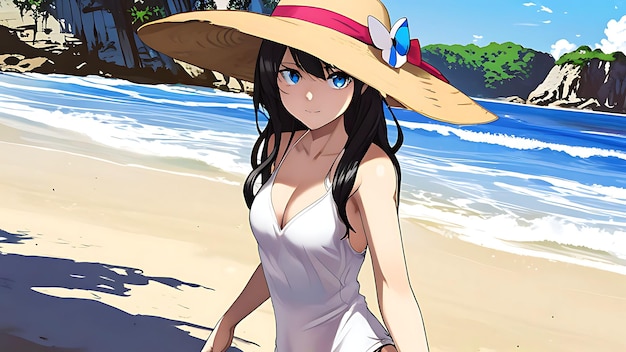 Cute Anime Woman On Beach With Bikini Dress