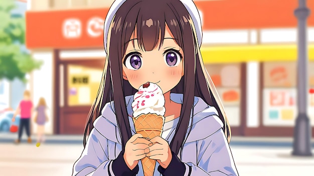 Cute Anime Woman Eating Ice Cream