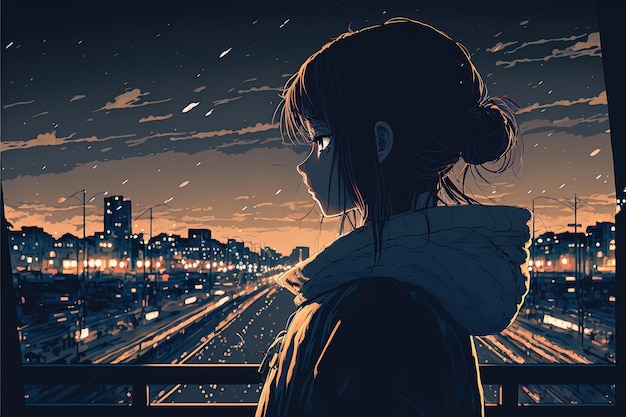 Cute Anime woman looking at the cityscape by night time A sad moody Manga lofi style