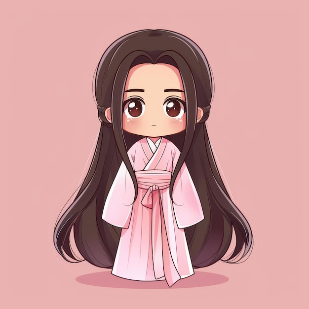 Cute animeinspired Chinese girl character in chibi style on a pastel pink background