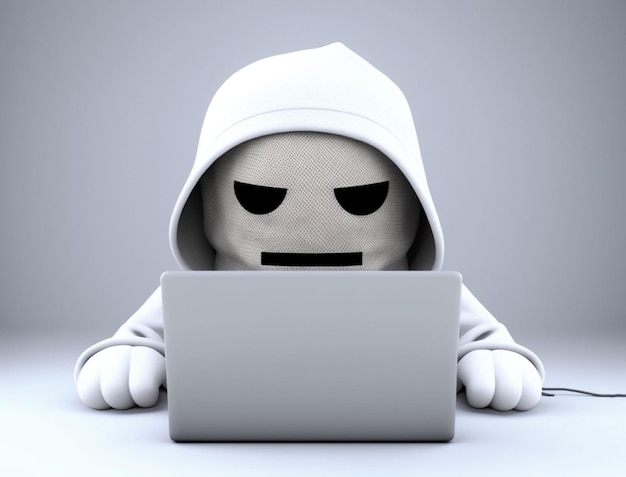 Cute anonymous hacker with white hoodie using computer laptop Concept of ethical hacking Cybersecurity Cybercrime Cyberattack