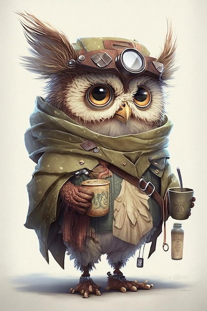 Cute anthropomorphic owl with a mug of coffee