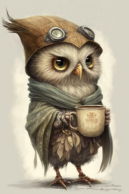 Cute anthropomorphic owl with a mug of coffee