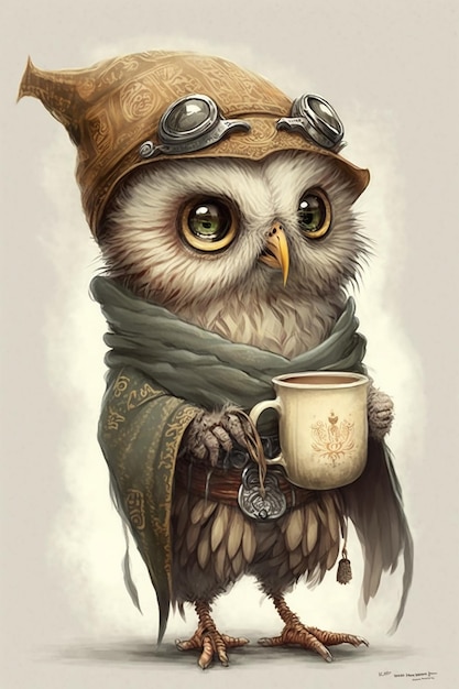 Cute anthropomorphic owl with a mug of coffee