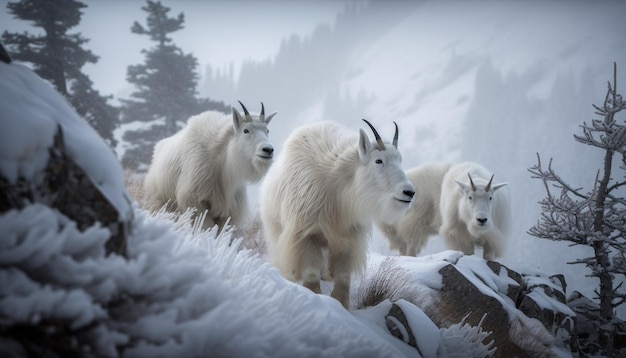 Cute arctic goat grazes in snowy wilderness generated by AI