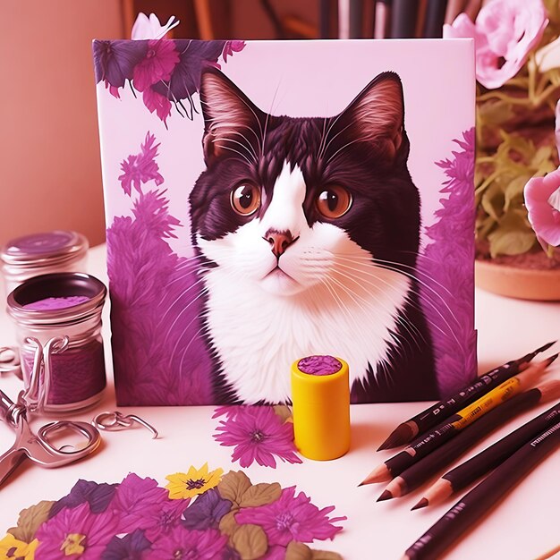 Cute artistic Cat Painting abstract painting with paintbrush and creativity pet artistGenerated Ai