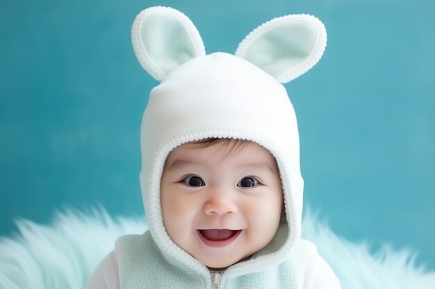 Cute Asian baby wearing bunny costume on blue background