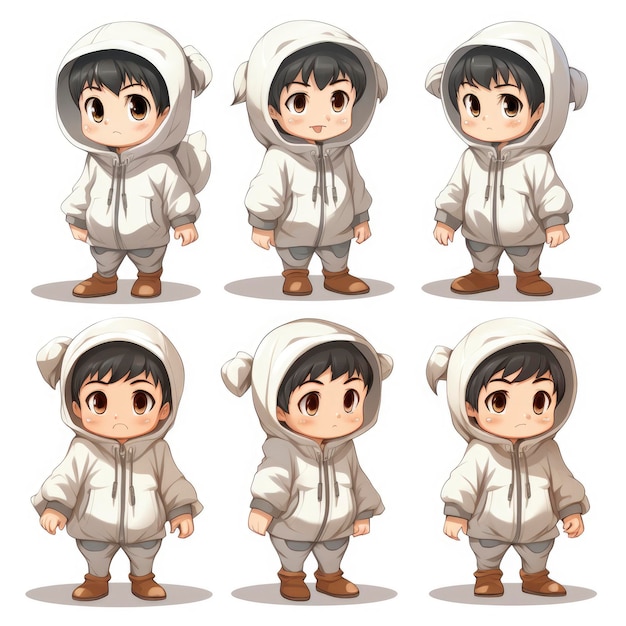 Cute Asian Boy Wearing White Hood Cartoon Style