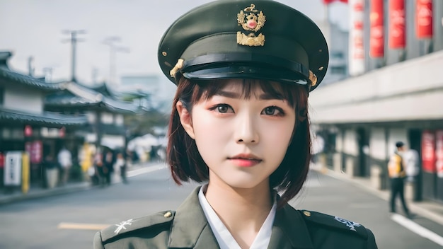 Cute Asian Girl In Military Suit Background