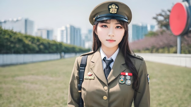 Cute Asian Girl In Military Suit Background