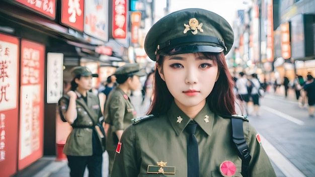 Cute Asian Girl In Military Suit Background