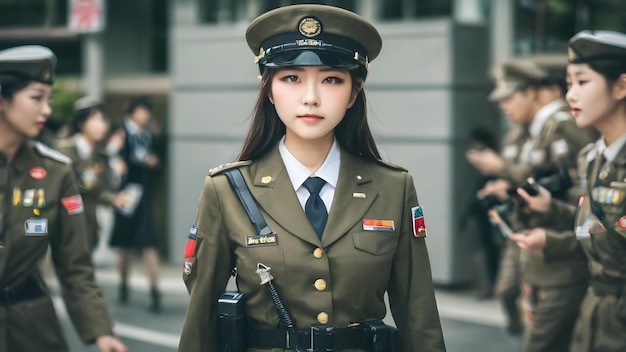 Cute Asian Girl In Military Suit Background