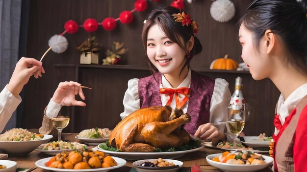 Cute Asian Girl in Thanksgiving Party background