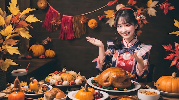 Cute Asian Girl in Thanksgiving Party background