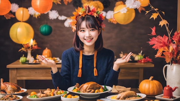 Cute Asian Girl in Thanksgiving Party background