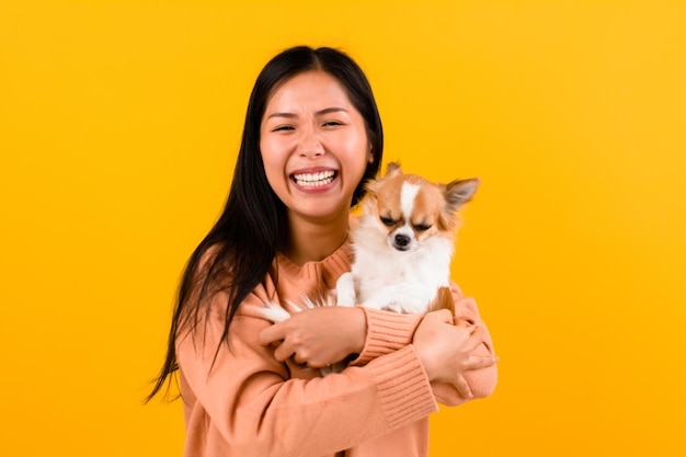 Cute Asian woman with his chihuahua chihuahua dog lover The happiness of a girl who loves his dog The love of people and cute dogs photo shoot in orange studio