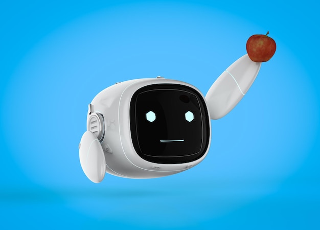 Cute assistant artificial intelligence robot no leg with red apple