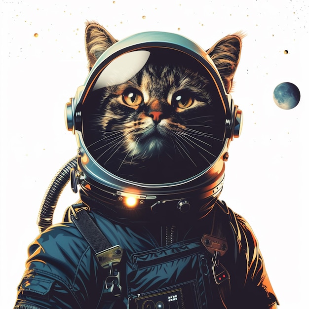 Cute astronaut cat in white space with lights on