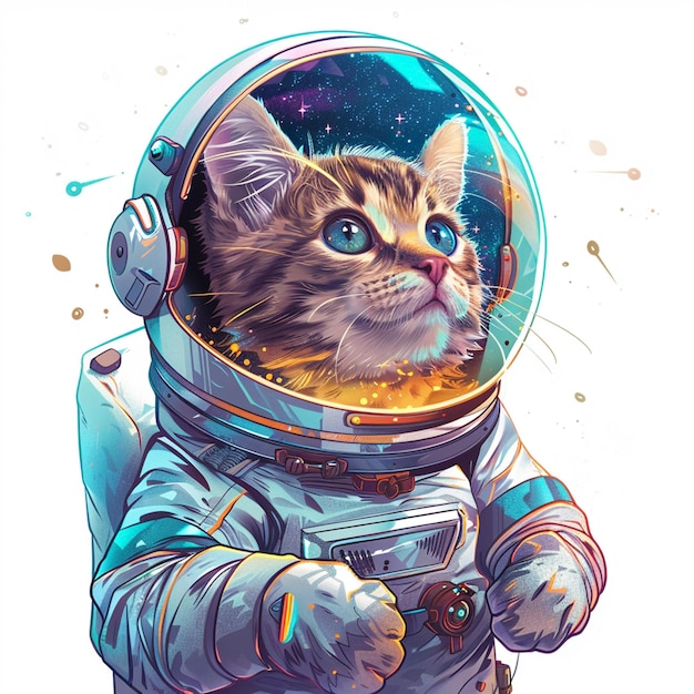 Cute astronaut cat in white space with lights on