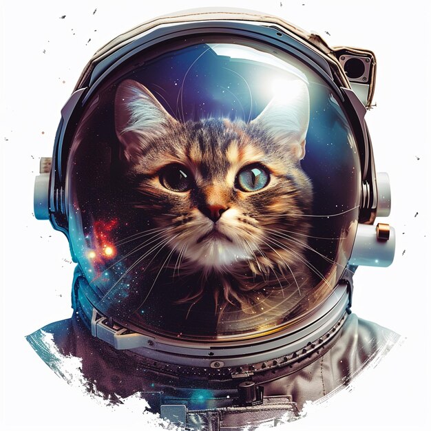 Cute astronaut cat in white space with lights on